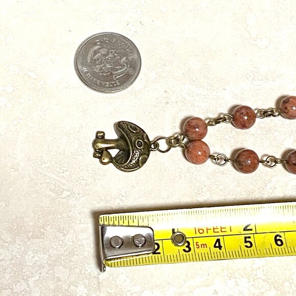 Genuine Red Jasper Short Necklace, Cute Bronze Round Mushroom + Natural Gemstone - Picture 12 of 14